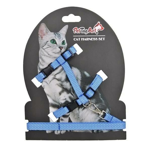 PetTagArt Mavi Beyaz Desenli Ayarlanabilir Kedi Göğüs Tasma Seti 10 mm 110 cm