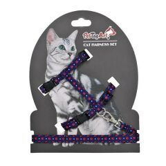 PetTagArt Lacivert Kırmızı Pati Desenli Ayarlanabilir Kedi Göğüs Tasma Seti 10 mm 110 cm