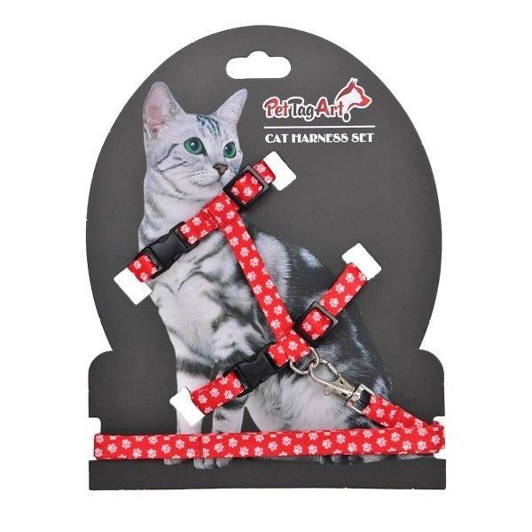PetTagArt Kırmızı Beyaz Pati Desenli Ayarlanabilir Kedi Göğüs Tasma Seti 10 mm 110 cm