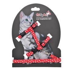 PetTagArt Kırmızı Beyaz Pati Desenli Ayarlanabilir Kedi Göğüs Tasma Seti 10 mm 110 cm