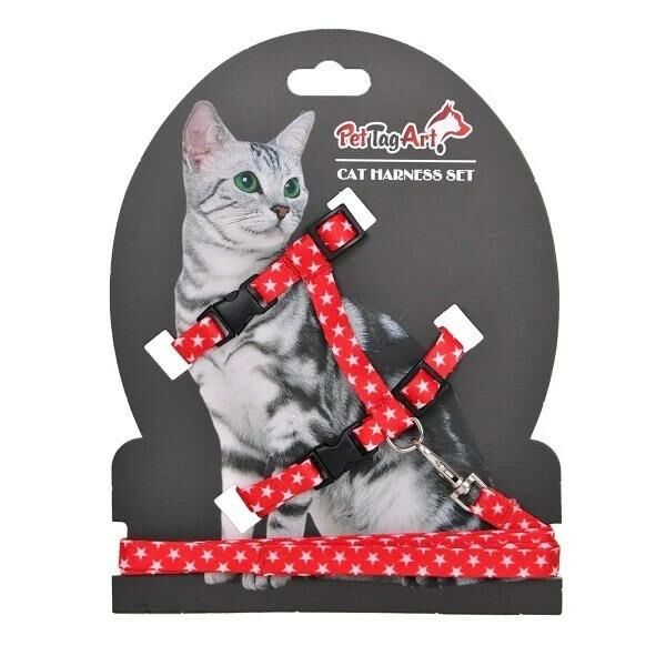 PetTagArt Kırmızı Beyaz Yıldız Desenli Ayarlanabilir Kedi Göğüs Tasma Seti 10 mm 110 cm