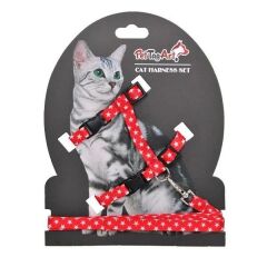 PetTagArt Kırmızı Beyaz Yıldız Desenli Ayarlanabilir Kedi Göğüs Tasma Seti 10 mm 110 cm