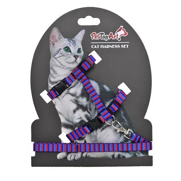 PetTagArt Lacivert Mavi Kırmızı Çizgili Desenli Ayarlanabilir Kedi Göğüs Tasma Seti 10 mm 110 cm