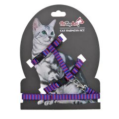 PetTagArt Lacivert Mavi Kırmızı Çizgili Desenli Ayarlanabilir Kedi Göğüs Tasma Seti 10 mm 110 cm