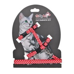 PetTagArt Kırmızı Beyaz Kalp Desenli Ayarlanabilir Kedi Göğüs Tasma Seti 10 mm 110 cm