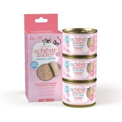 Schesir Tavuk ile Somon ve Tavuk Karaciğeri Yavru Kediler için Tam ve Dengeli Mama 3 x 55 Gr