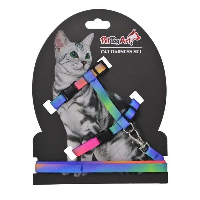 PetTagArt Gökkuşağı Desenli Ayarlanabilir Kedi Göğüs Tasma Seti 10 mm 110 cm