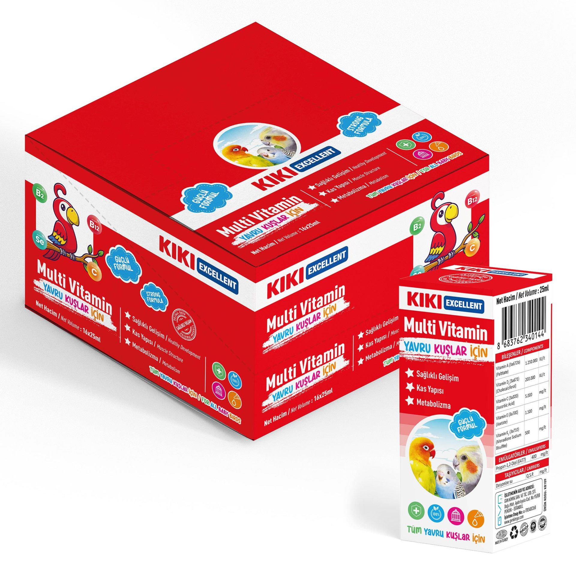 KIKI Excellent Kuş Yavru Kuşlar İçin Multi Vitamin 25 ml. 16 Adet (Kutu)